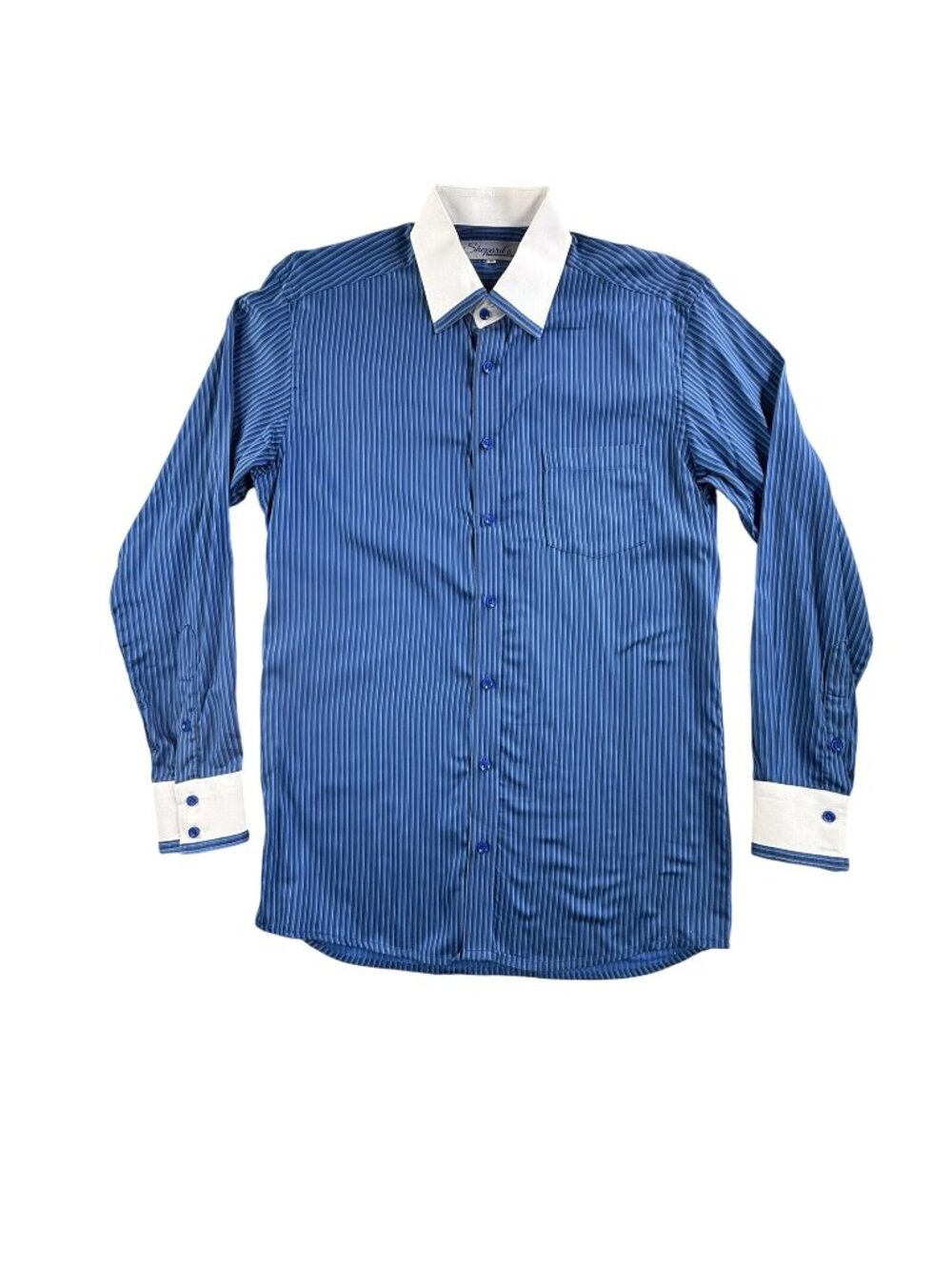 Shepards Dress Shirt Mens 16 Blue Stripe Contrast Collar Cuff Classic Fit Large
